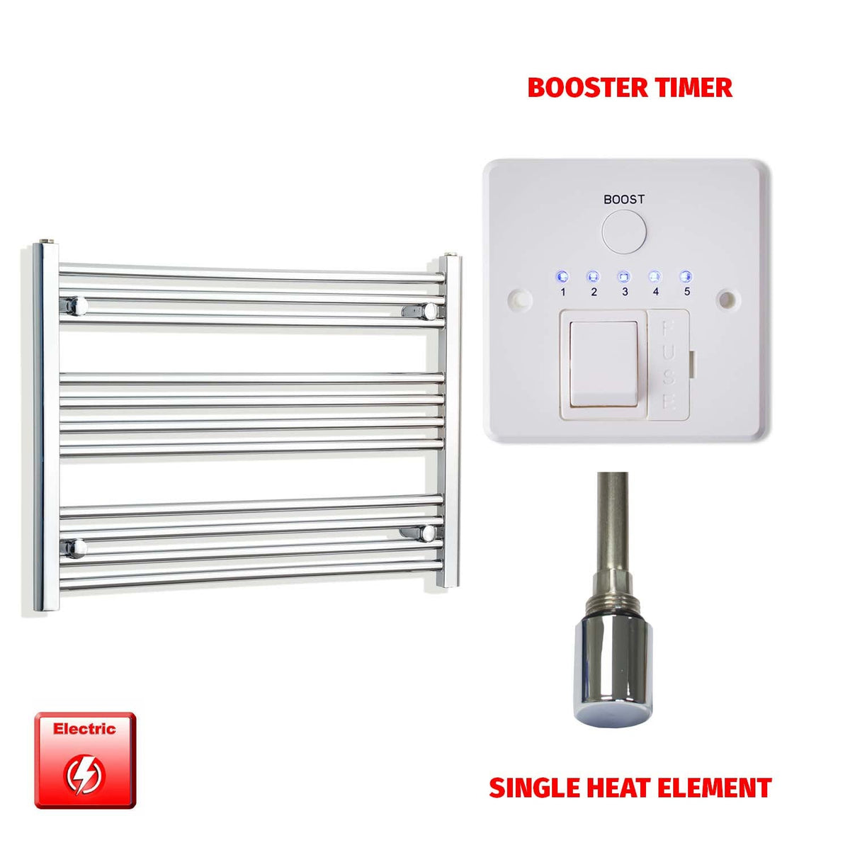 600mm High 850mm Wide Pre-Filled Electric Heated Towel Radiator Straight Chrome Single heat element Booster timer