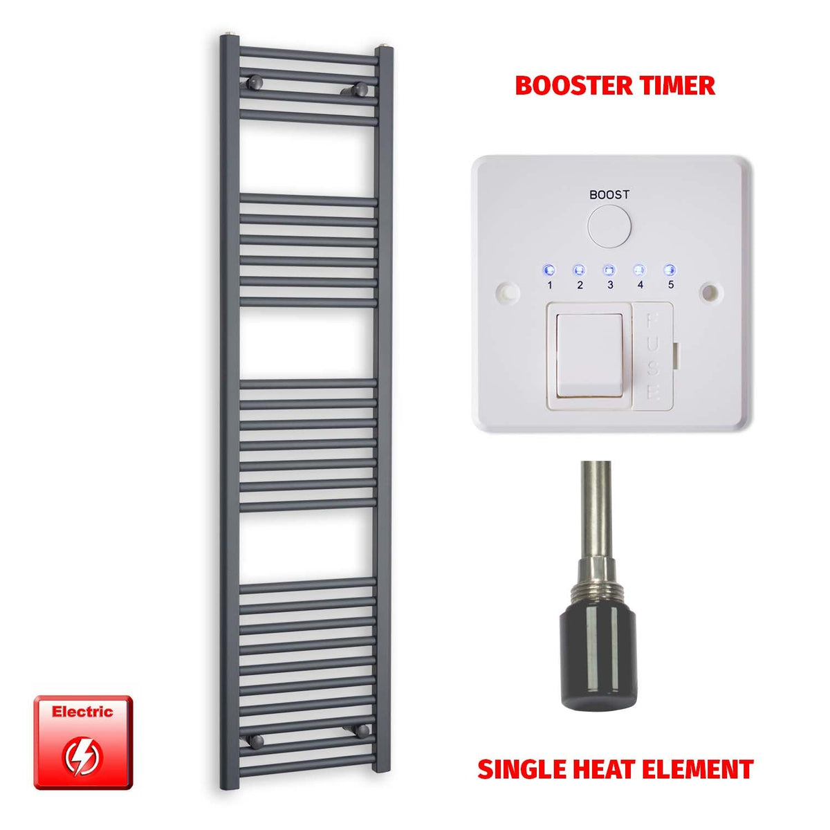 1600mm High 400mm Wide Flat Anthracite Pre-Filled Electric Heated Towel Radiator HTR Single heat element Booster timer