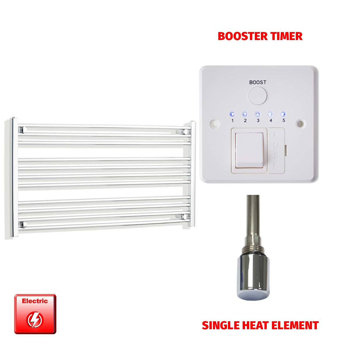 600mm High 950mm Wide Pre-Filled Electric Heated Towel Radiator Straight Chrome Single heat element Booster timer