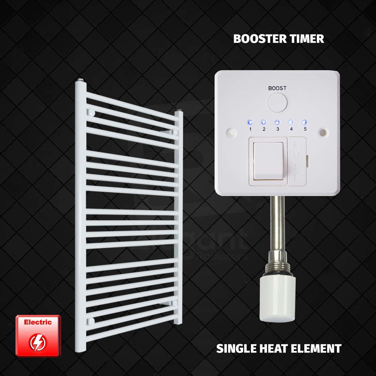 1000 x 700 Pre-Filled Electric Heated Towel Radiator White HTR Single heat element Booster timer