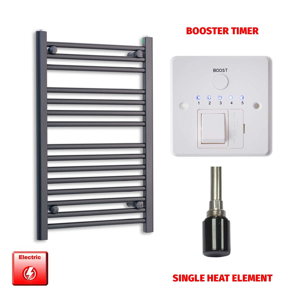 800 x 500 Flat Black Pre-Filled Electric Heated Towel Radiator HTR Single No Timer Booster Timer