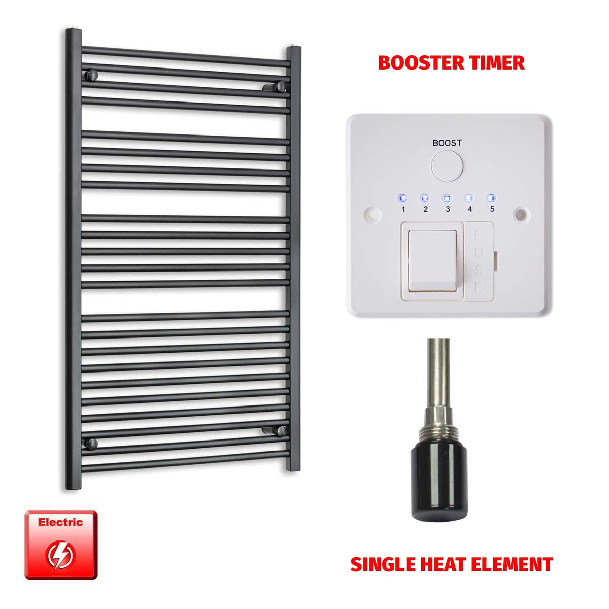 1200mm High 700mm Wide Flat Black Pre-Filled Electric Heated Towel Rail Radiator HTR Single Booster Timer