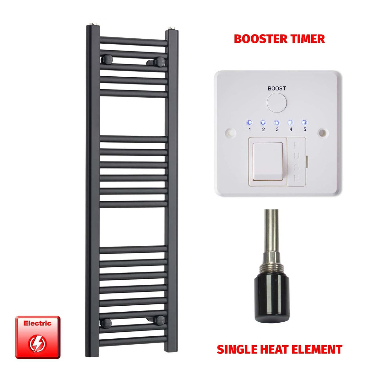 1000mm High 300mm Wide Flat Black Pre-Filled Electric Heated Towel Rail Radiator Booster Timer