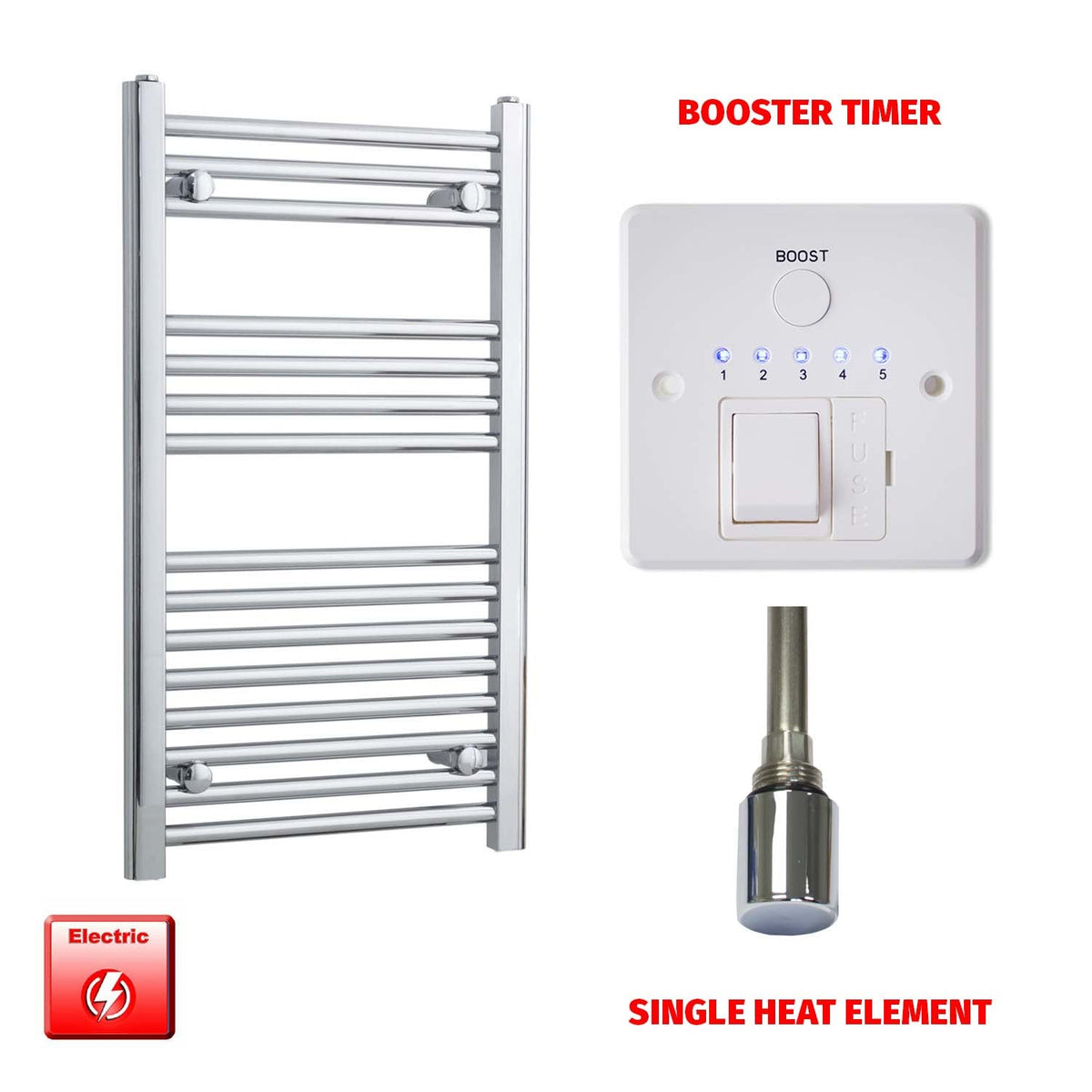 800mm High 450mm Wide Pre-Filled Electric Heated Towel Radiator Straight Chrome Single heat element Booster timer