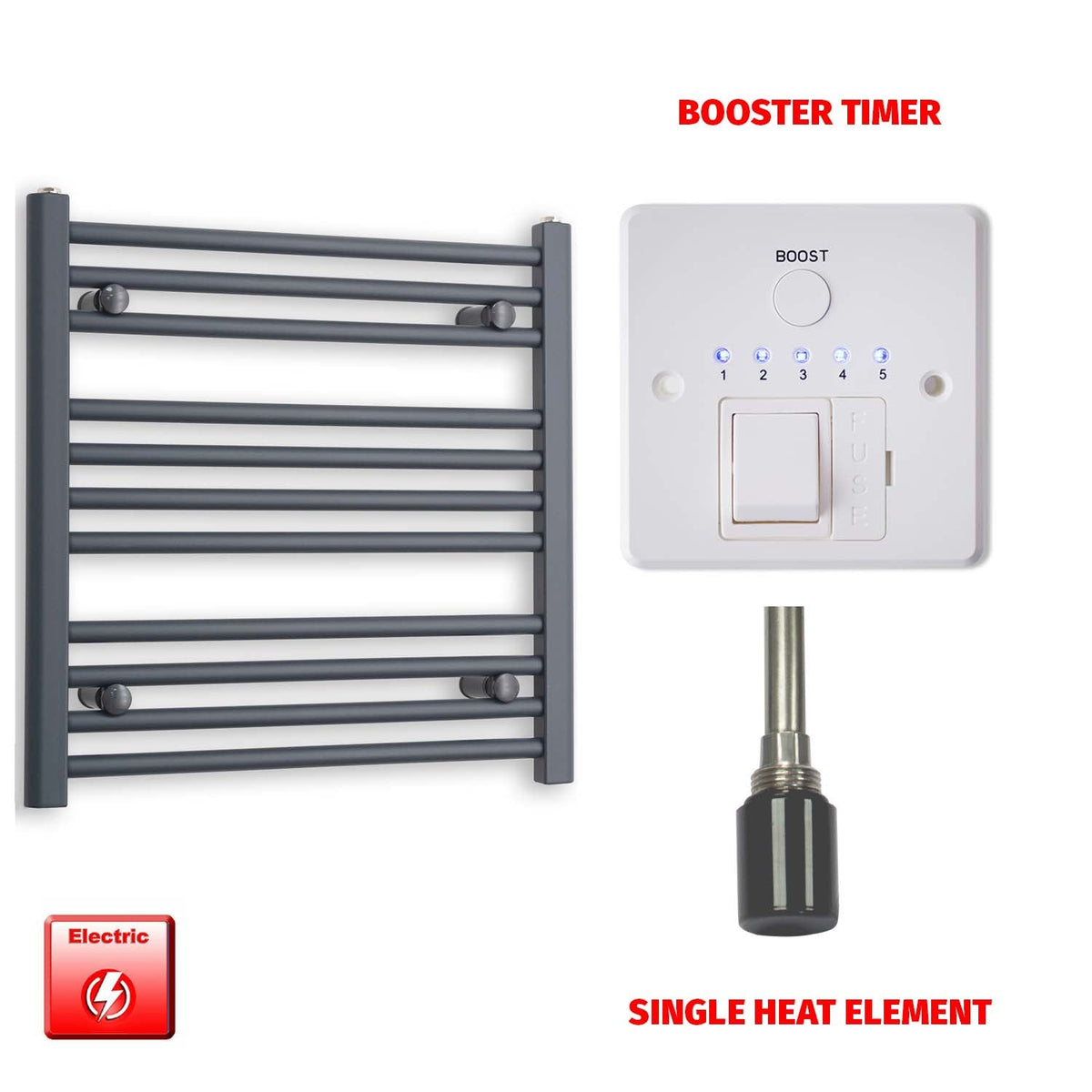 600mm High 600mm Wide Flat Anthracite Pre-Filled Electric Heated Towel Rail Radiator HTR Single heat element Boostertimer