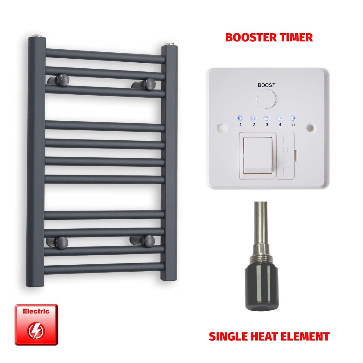 600mm High 400mm Wide Flat Anthracite Pre-Filled Electric Heated Towel Rail Radiator HTR Single heat element Booster timer
