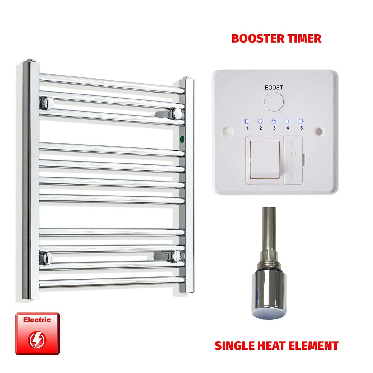 600mm High 550mm Wide Pre-Filled Electric Heated Towel Radiator Chrome HTR Single heat element Booster timer