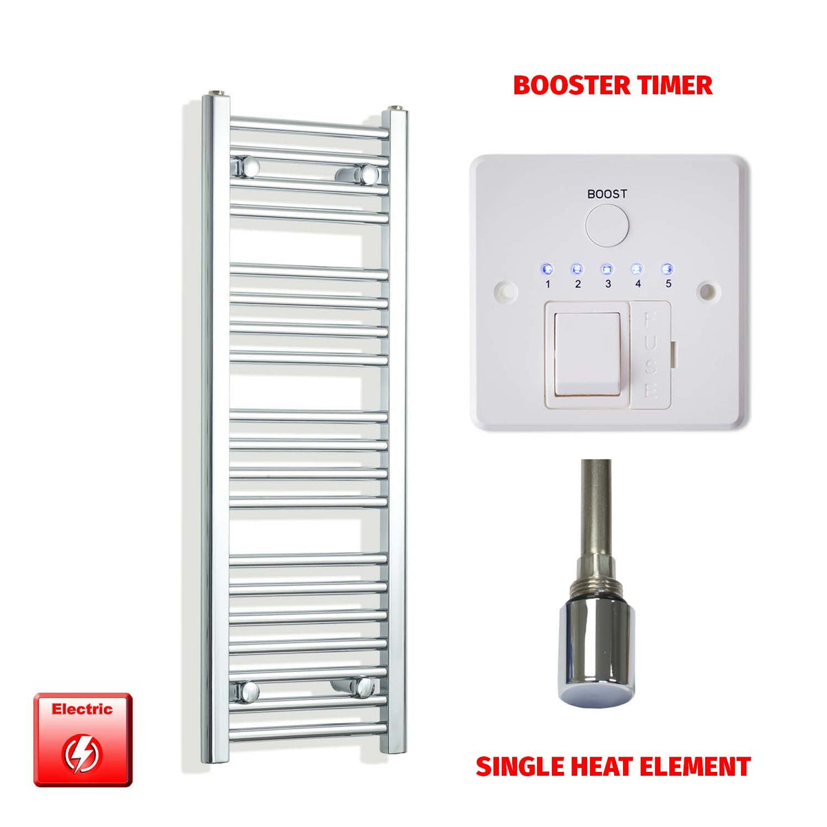 1000mm High 350mm Wide Pre-Filled Electric Heated Towel Rail Radiator Straight Chrome Single heat element Booster timer