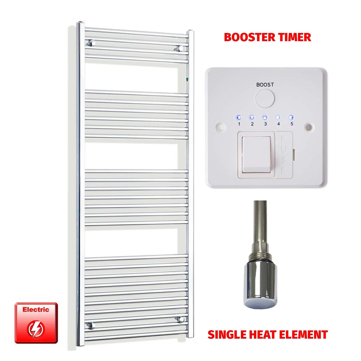 1600mm High 550mm Wide Electric Heated Towel Radiator Straight Chrome Single heat element Booster timer