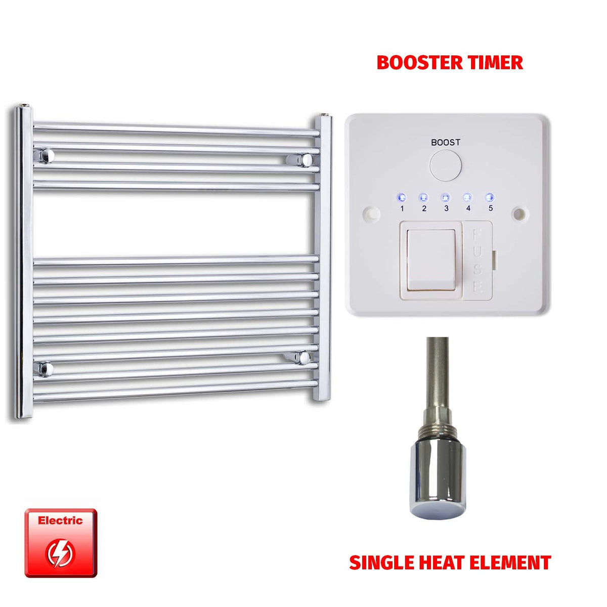 700 x 800 Pre-Filled Electric Heated Towel Radiator Straight Chrome Single heat element Boostertimer