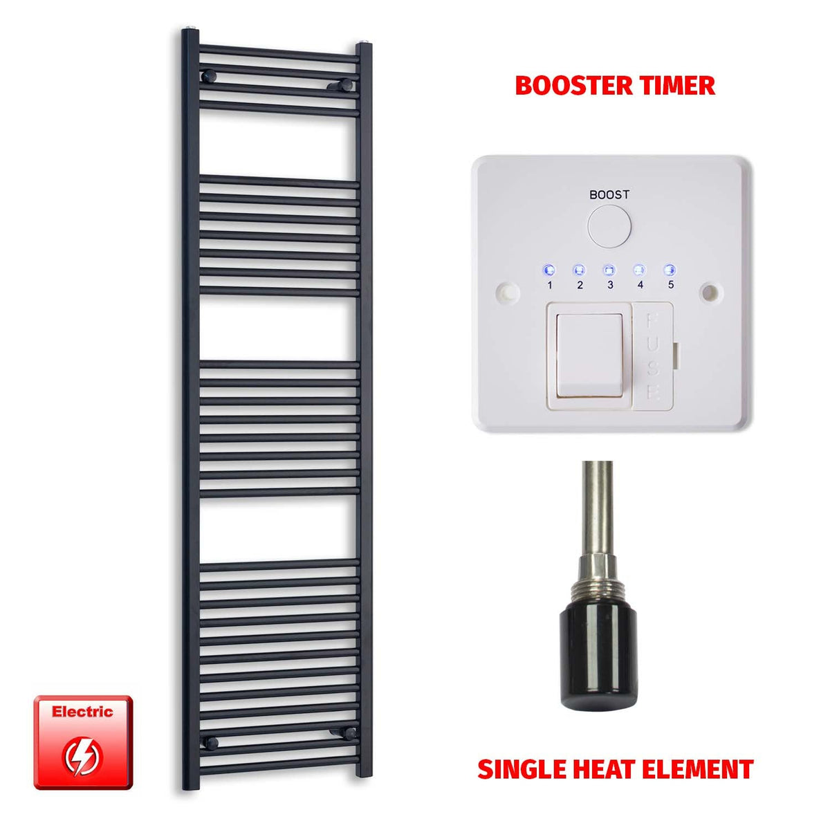 1800 x 600 Flat Black Pre-Filled Electric Heated Towel Radiator HTR Booster Timer
