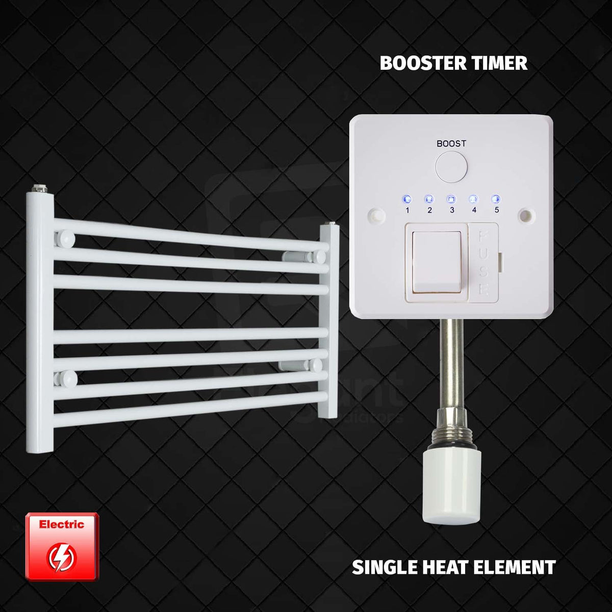 400 mm High 800 mm Wide Pre-Filled Electric Heated Towel Radiator White HTR Single heat element Booster timer
