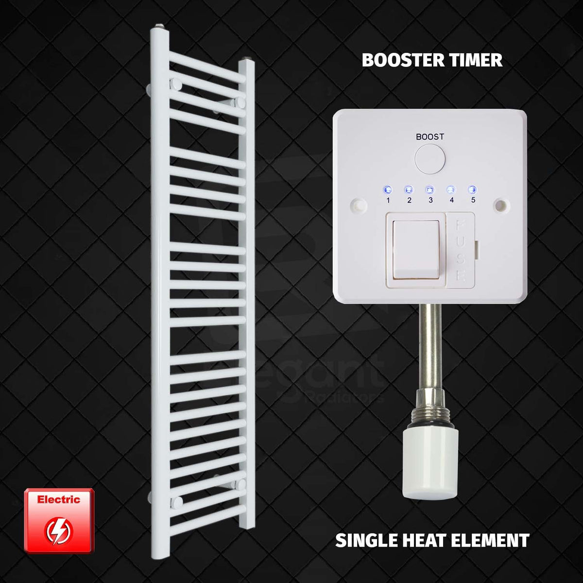 1200 x 300 Pre-Filled Electric Heated Towel Radiator White Single Heat Element Booster Timer