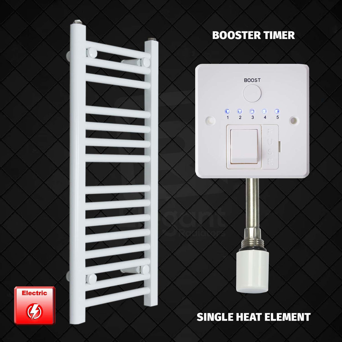 800 x 300 Pre-Filled Electric Heated Towel Rail Radiator White HTR Booster Timer Single Heat Element
