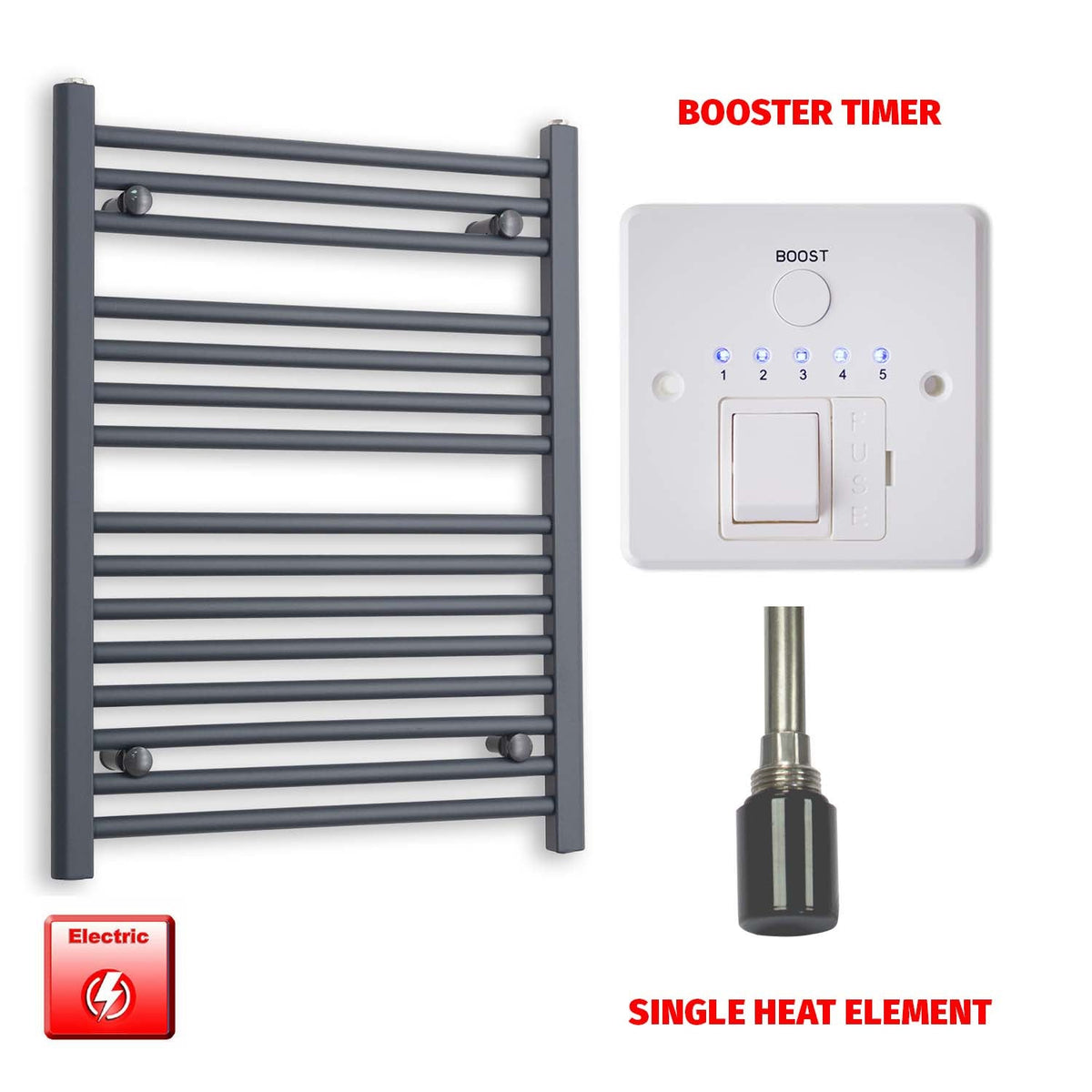 800mm High 600mm Wide Flat Anthracite Pre-Filled Electric Heated Towel Rail Radiator HTR Single heat element Booster timer