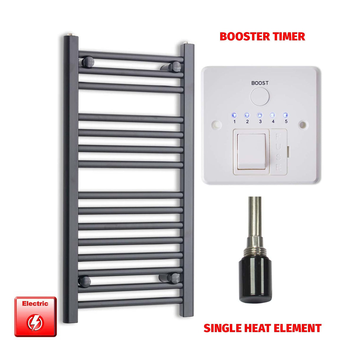 800mm High 400mm Wide Flat Black Pre-Filled Electric Heated Towel Radiator HTR Single Heat Booster Timer