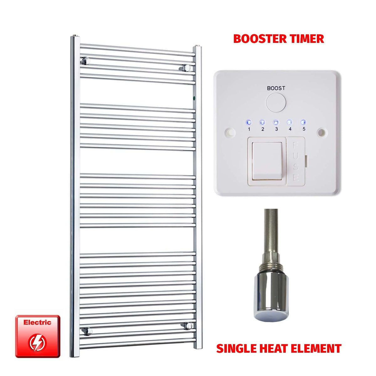 1400 x 600 Flat Chrome Pre-Filled Electric Heated Towel Rail booster timer