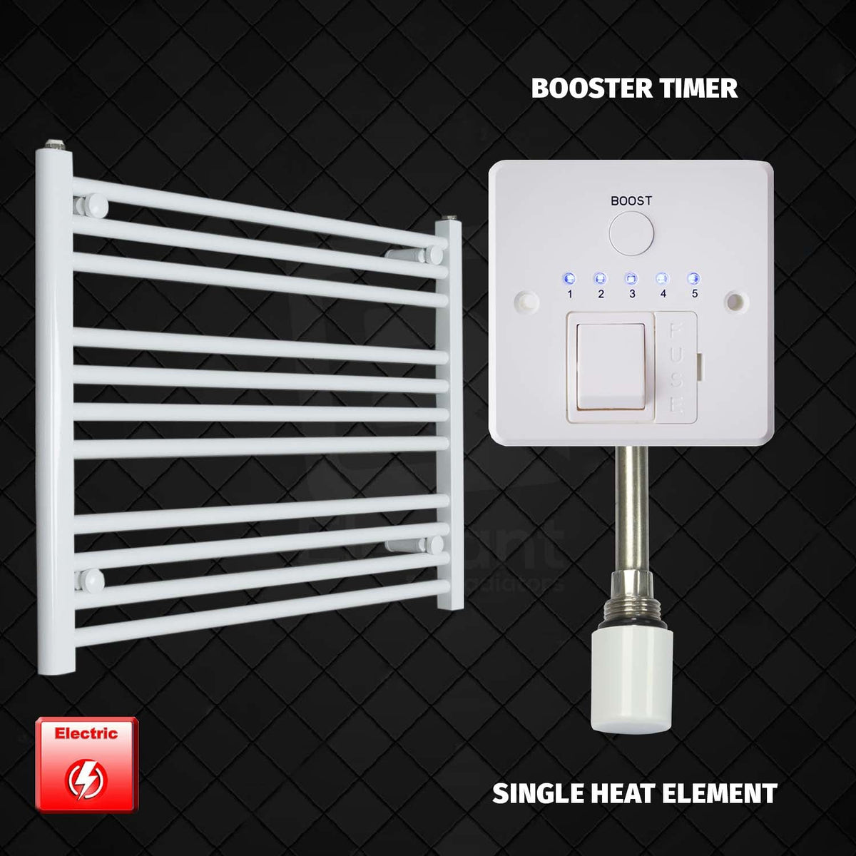 600 x 900 Pre-Filled Electric Heated Towel Radiator White HTR Single heat element Booster timer
