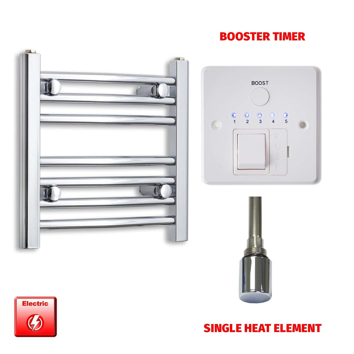 400 x 500mm Pre-Filled Electric Heated Towel Radiator Straight or Curved Chrome Single heat element Booster timer