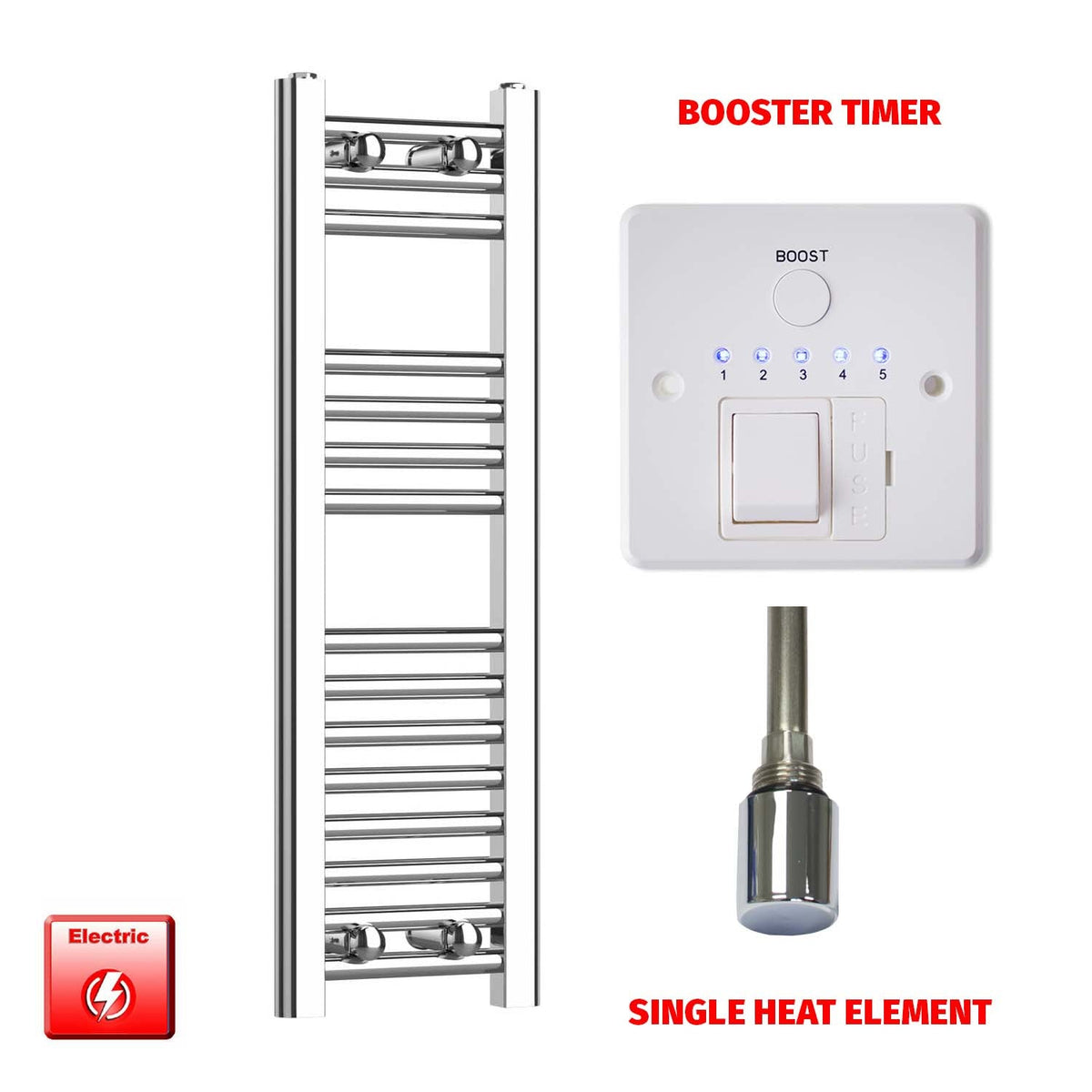 800 x 200 Pre-Filled Electric Heated Towel Radiator Straight Chrome Single element booster timer