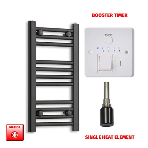 600mm High 300mm Wide Flat Black Pre-Filled Electric Heated Towel Rail Radiator HTR Booster Timer