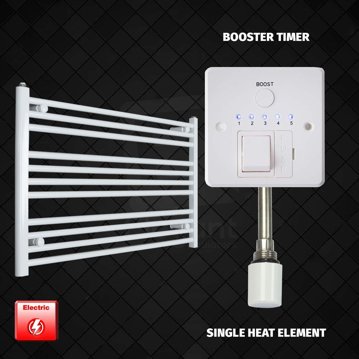 600 mm High 1100 mm Wide Pre-Filled Electric Heated Towel Rail Radiator White HTR Single heat element Booster timer