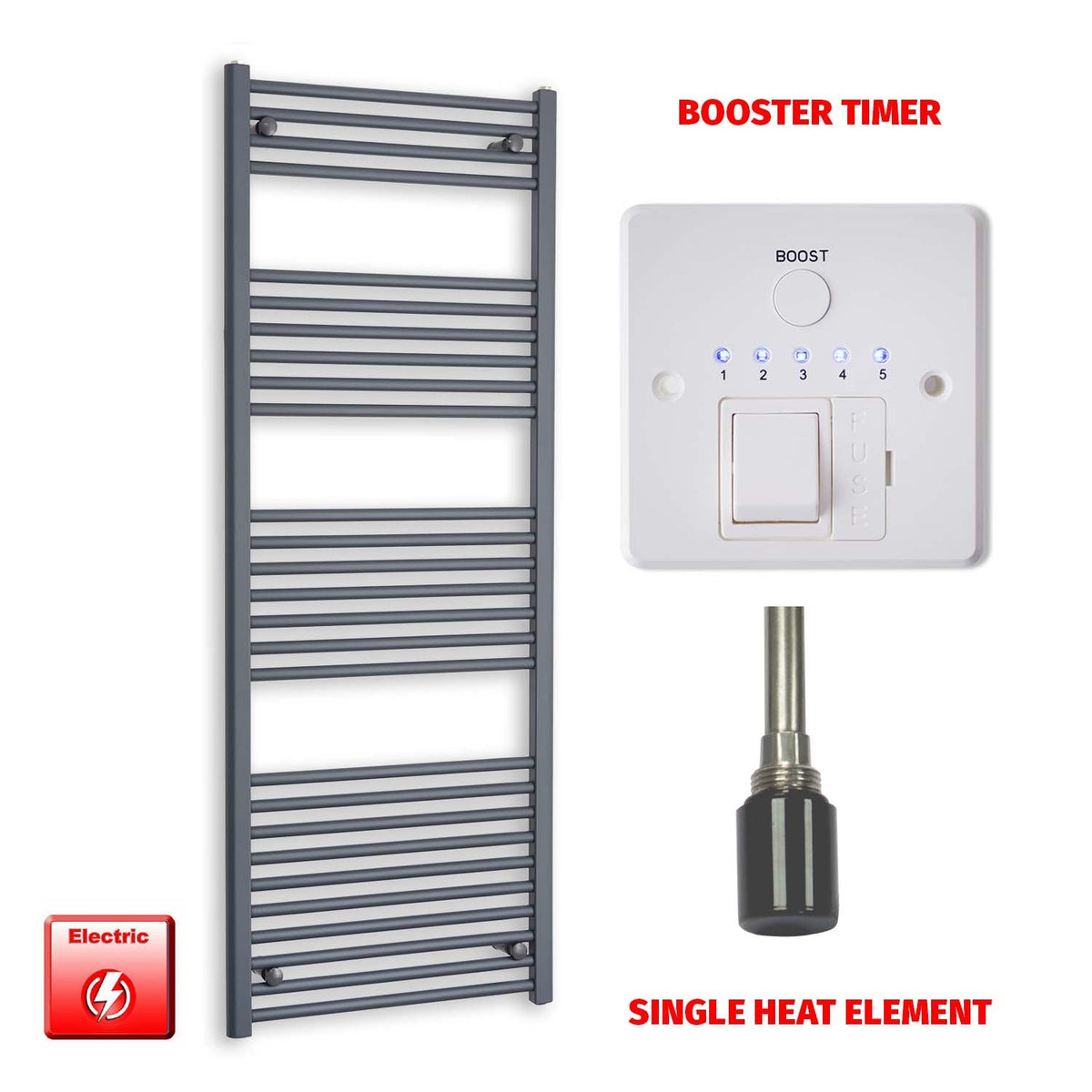1600mm High 600mm Wide Flat Anthracite Pre-Filled Electric Heated Towel Rail Radiator HTR Single heat element Booster timer