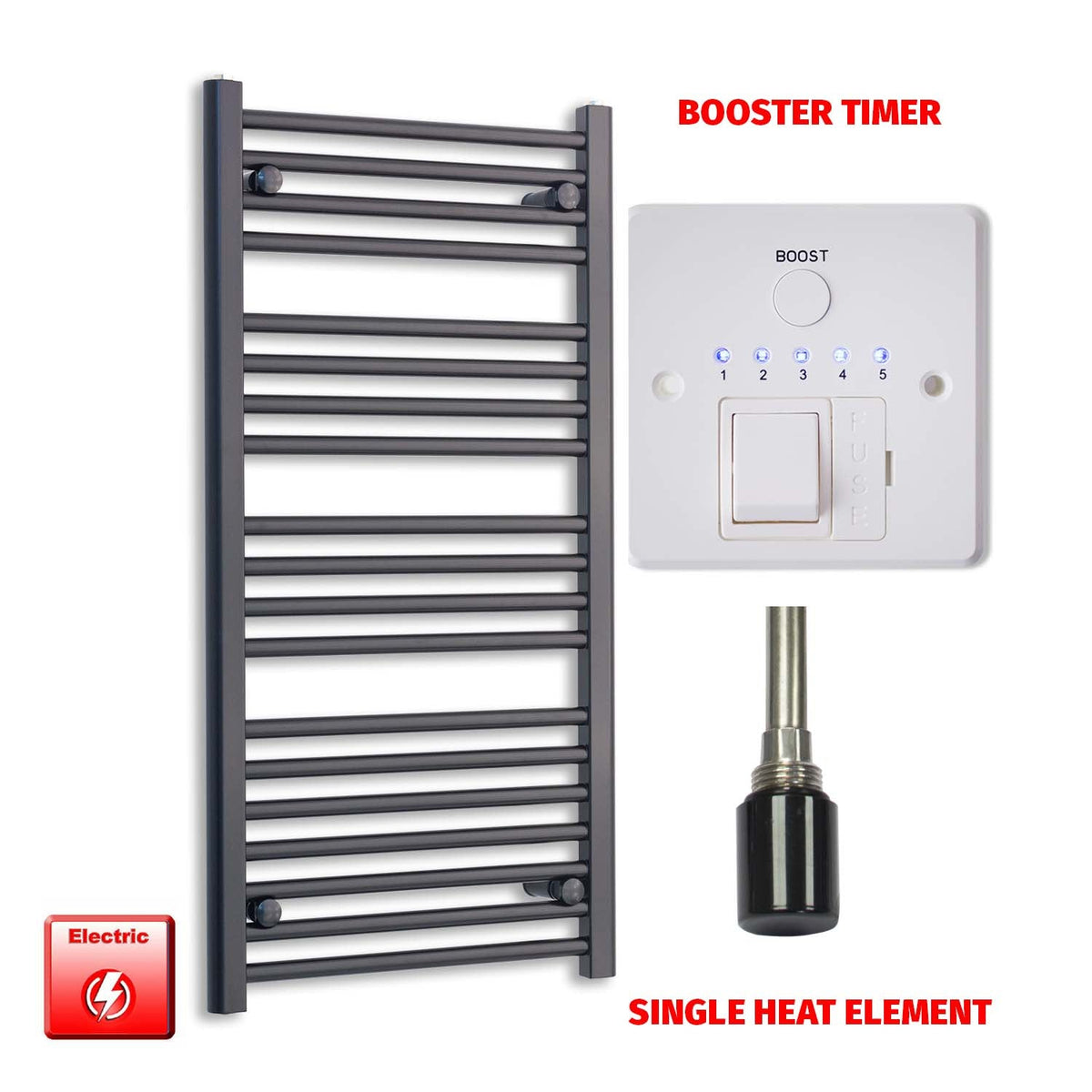 1000mm High 500mm Wide Flat Black Pre-Filled Electric Heated Towel Rail Radiator HTR Booster Timer