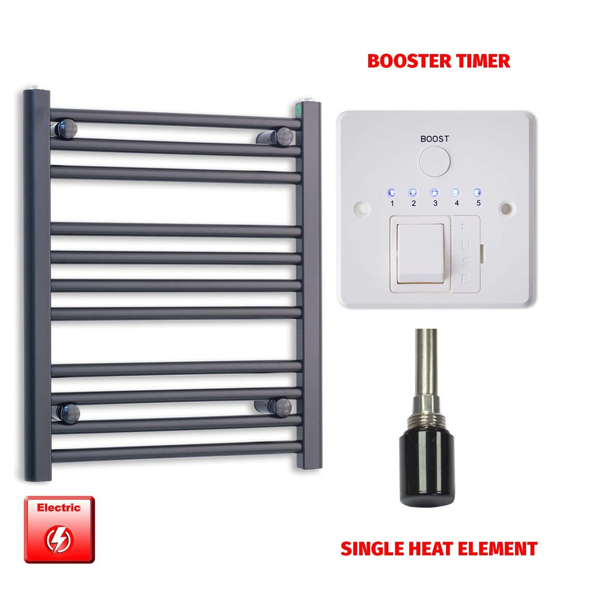 600 x 550mm Wide Flat Black Pre-Filled Electric Heated Towel Radiator HTR Single Booster Timer
