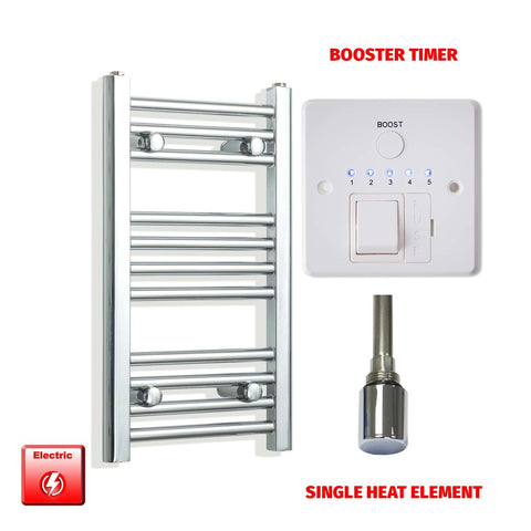 600 x 350 Pre-Filled Electric Heated Towel Radiator Straight Chrome Single heat element Booster timer