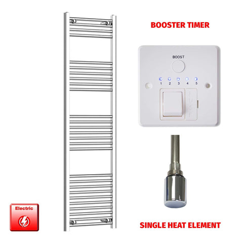 1600 x 450 Pre-Filled Electric Heated Towel Radiator Straight Chrome Single heat element Booster timer