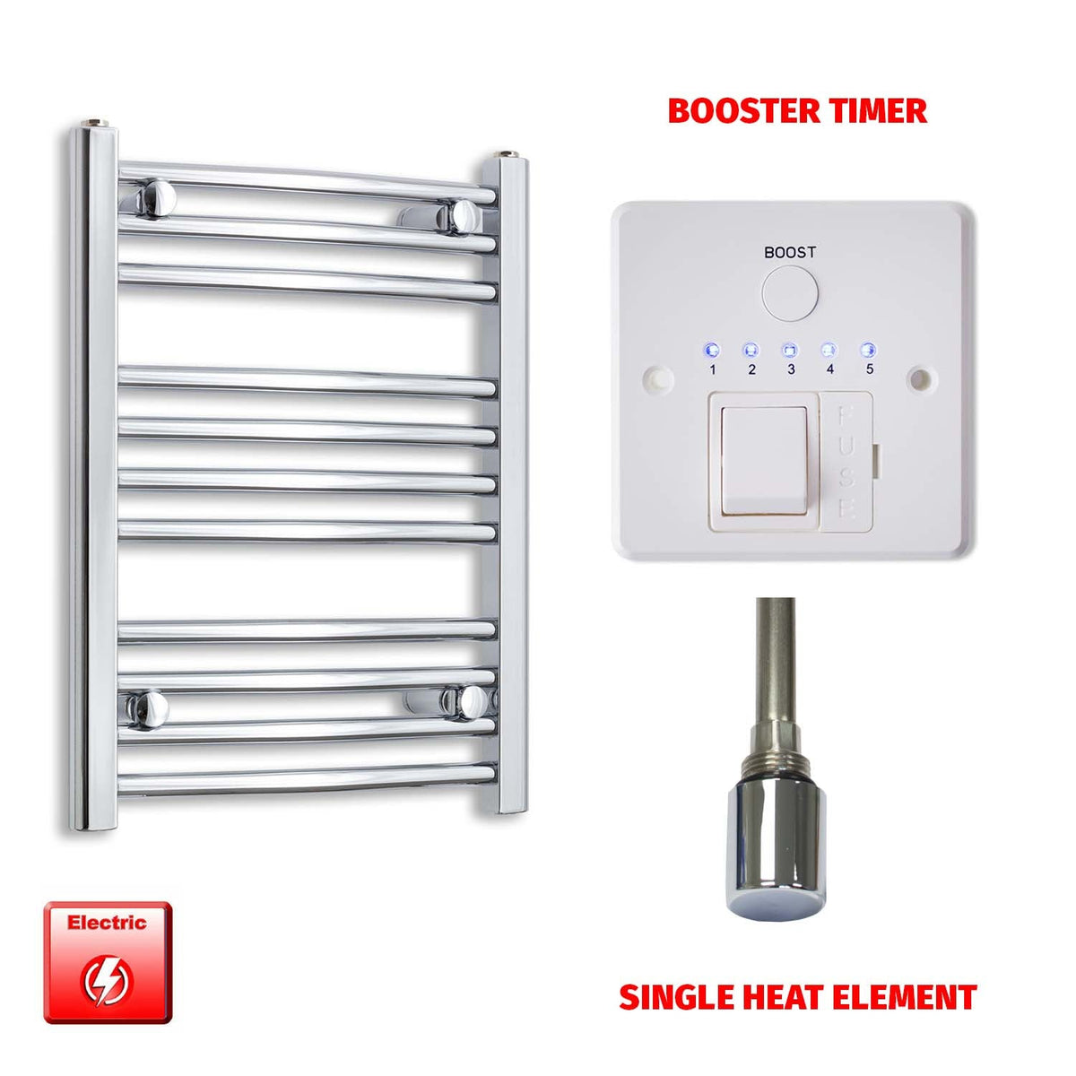 600mm High 400mm Wide Pre-Filled Electric Heated Towel Radiator Straight Chrome Single heat element Booster timer