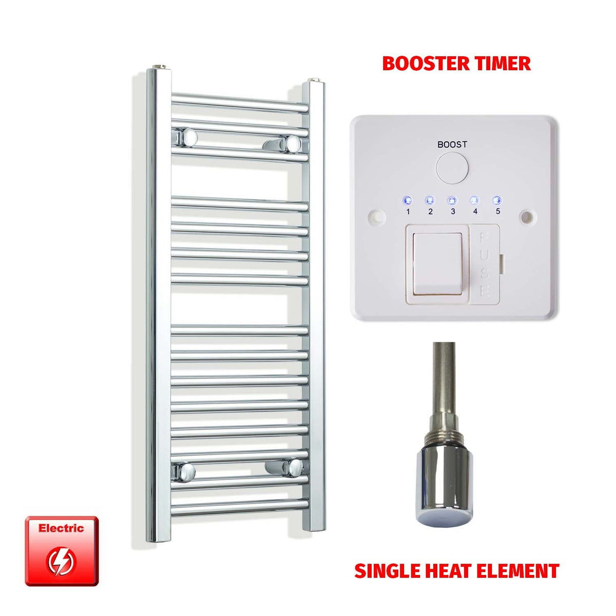 800mm High 350mm Wide Pre-Filled Electric Heated Towel Rail Radiator Straight Chrome Single heat element Booster timer