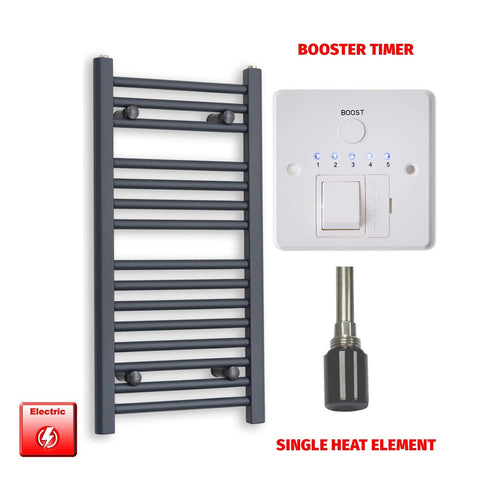 800mm High 400mm Wide Flat Anthracite Pre-Filled Electric Heated Towel Radiator HTR Single heat element Booster timer