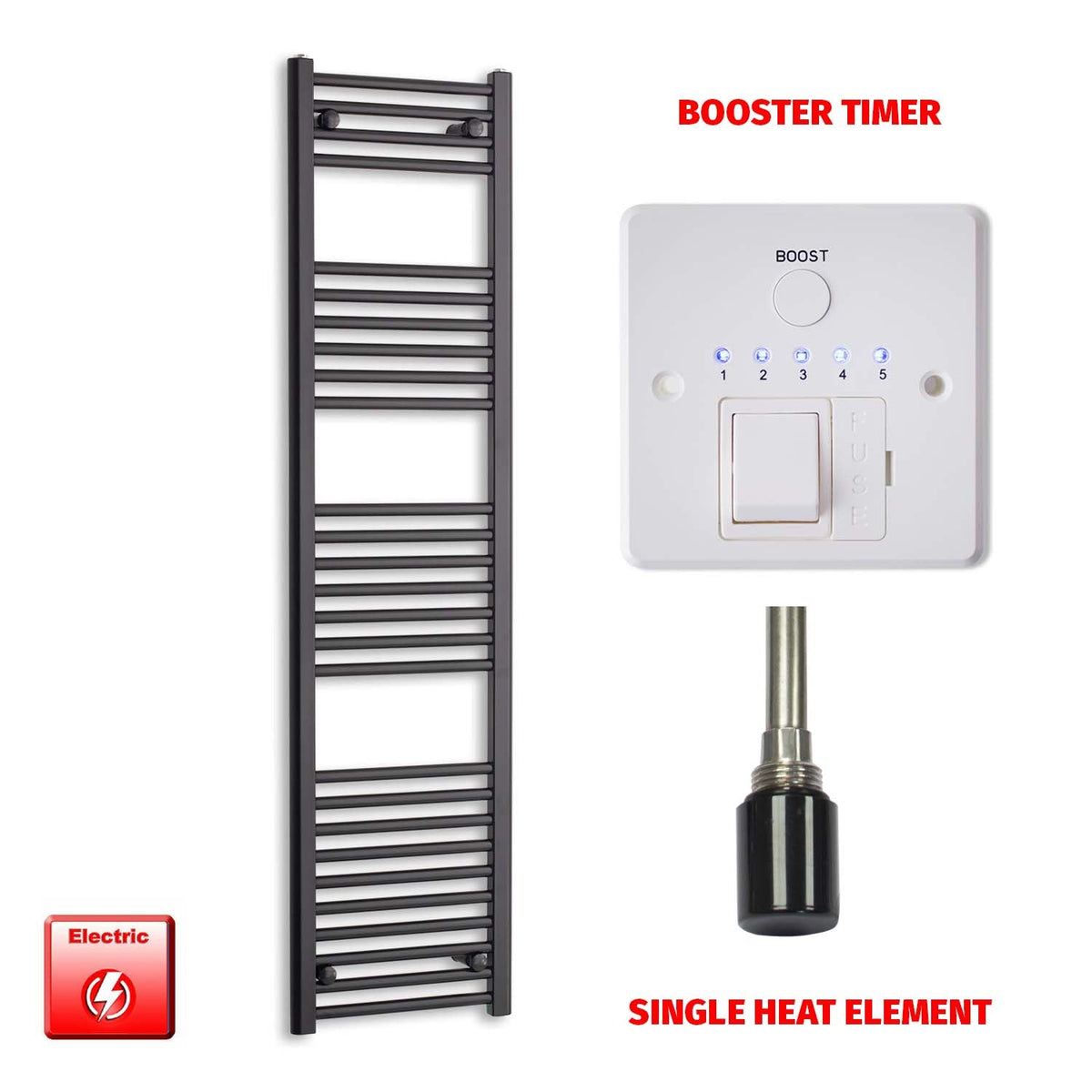 1600 x 400 Flat Black Pre-Filled Electric Heated Towel Radiator HTR Single Booster Timer