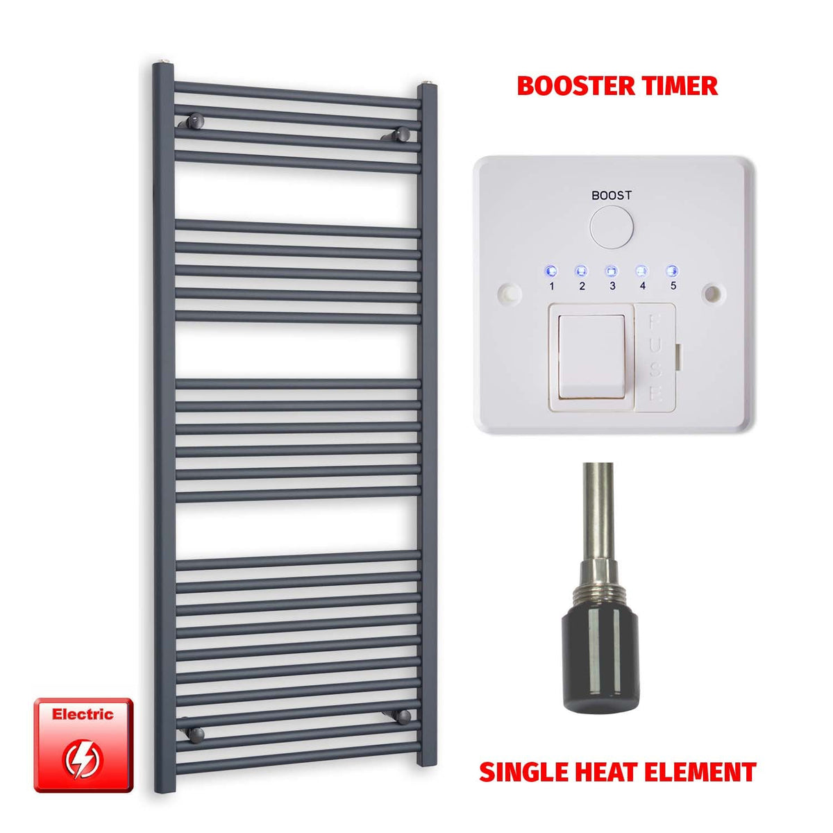 1400 x 600 Flat Anthracite Pre-Filled Electric Heated Towel Radiator HTR  Single heat element Booster timer