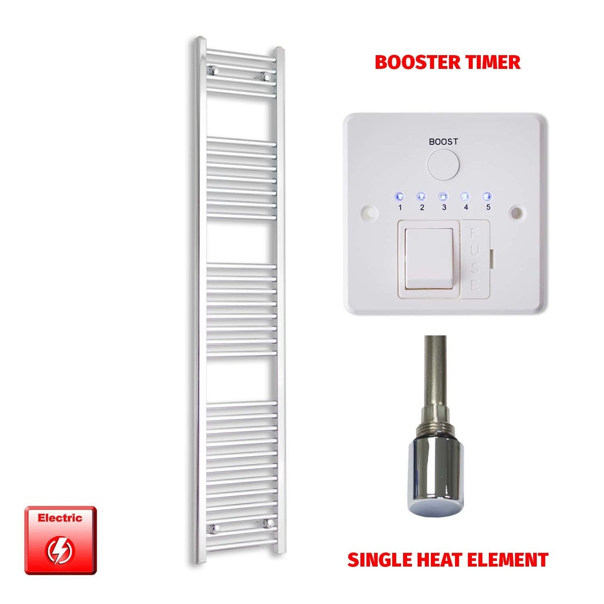 1800 x 300 Pre-Filled Electric Heated Towel Radiator Straight Chrome Single Heat Booster Timer