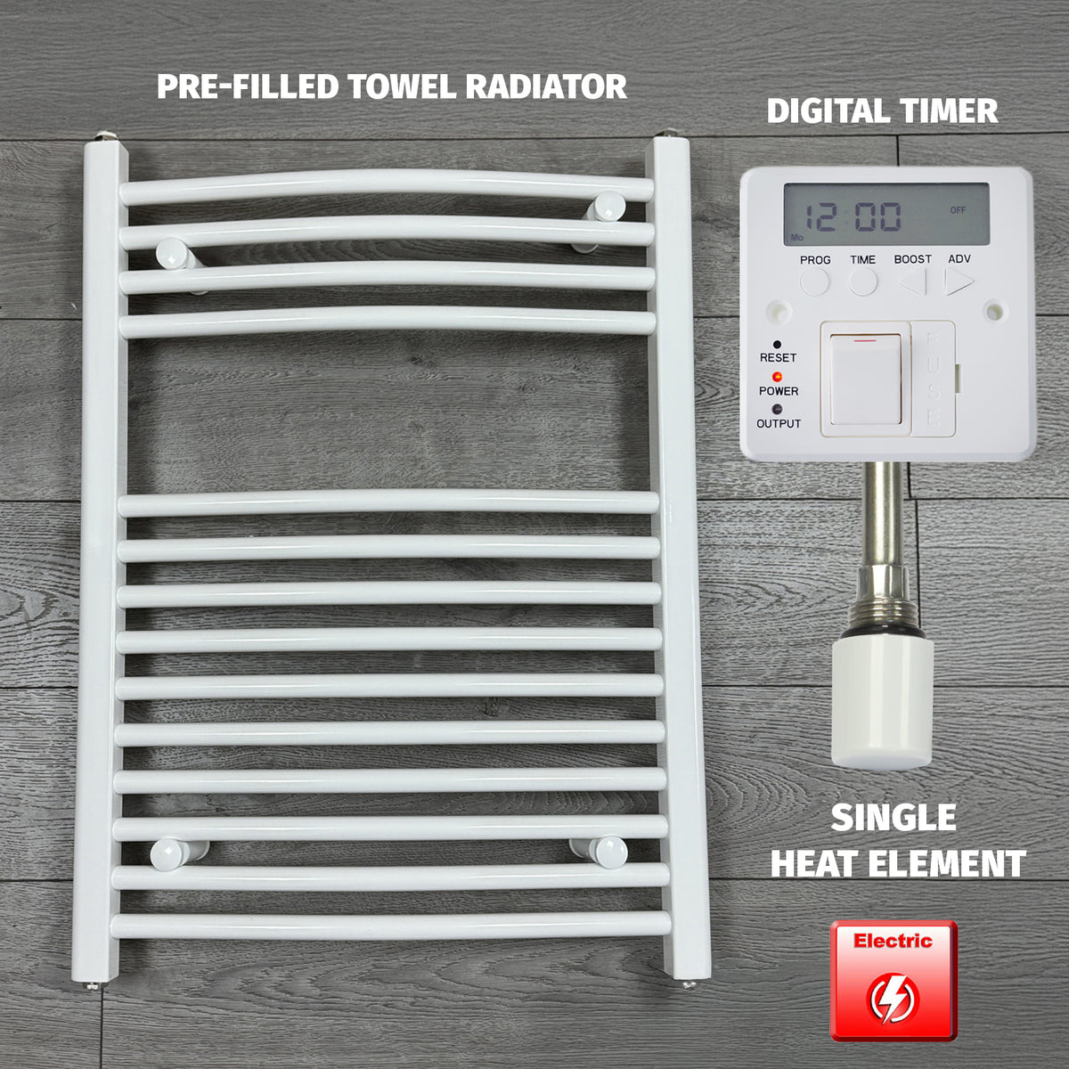 688 x 600 Electric Heated Towel Rail White Pre-Filled Curved