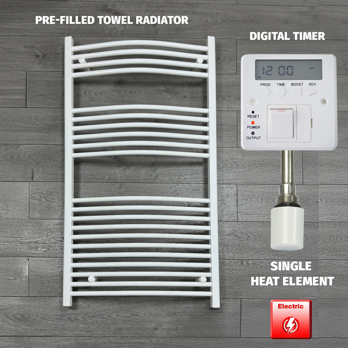 1300 x 750 Electric Heated Towel Rail White Pre-Filled Curved