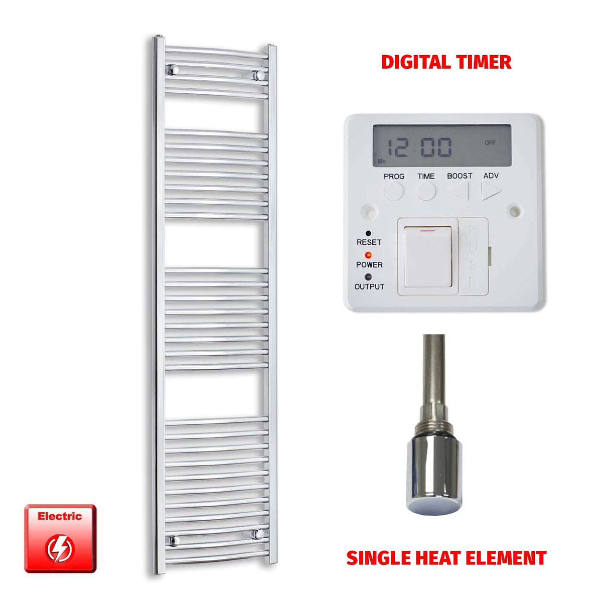 1700 x 450 Pre-Filled Electric Heated Towel Radiator Straight or Curved Chrome Single heat element digital timer