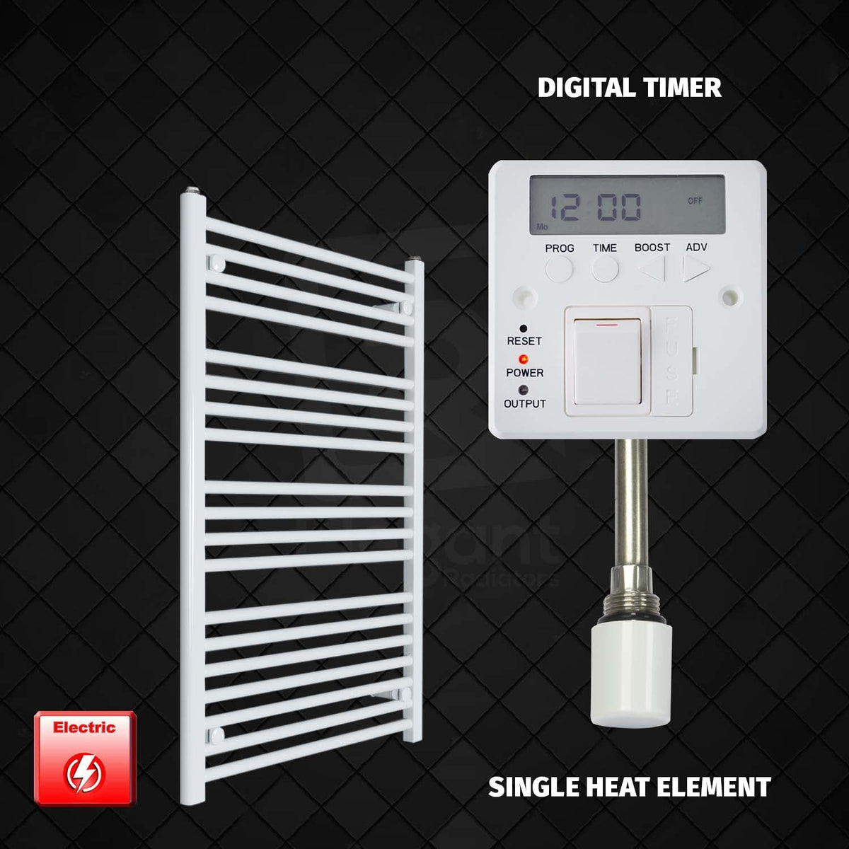 1000 x 700 Pre-Filled Electric Heated Towel Radiator White HTR Single heat element Digital timer