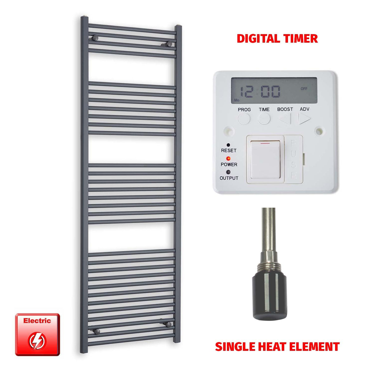 1800mm High 600mm Wide Flat Anthracite Pre-Filled Electric Heated Towel Rail Radiator HTR Single heat element Digital timer