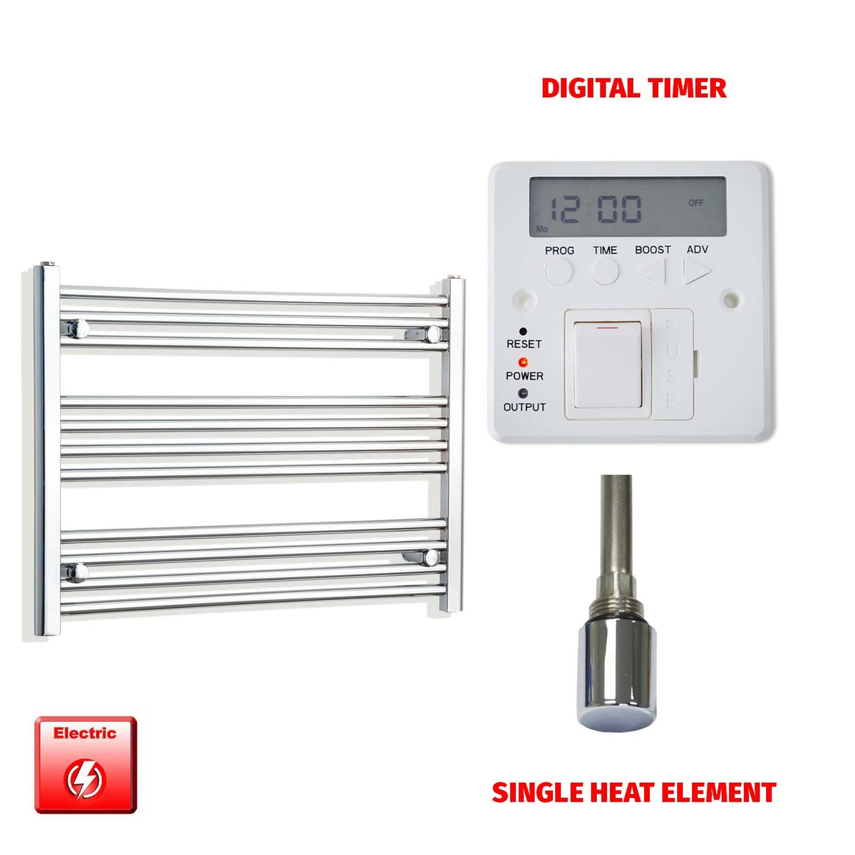 600mm High 850mm Wide Pre-Filled Electric Heated Towel Radiator Straight Chrome Single heat element Digital timer