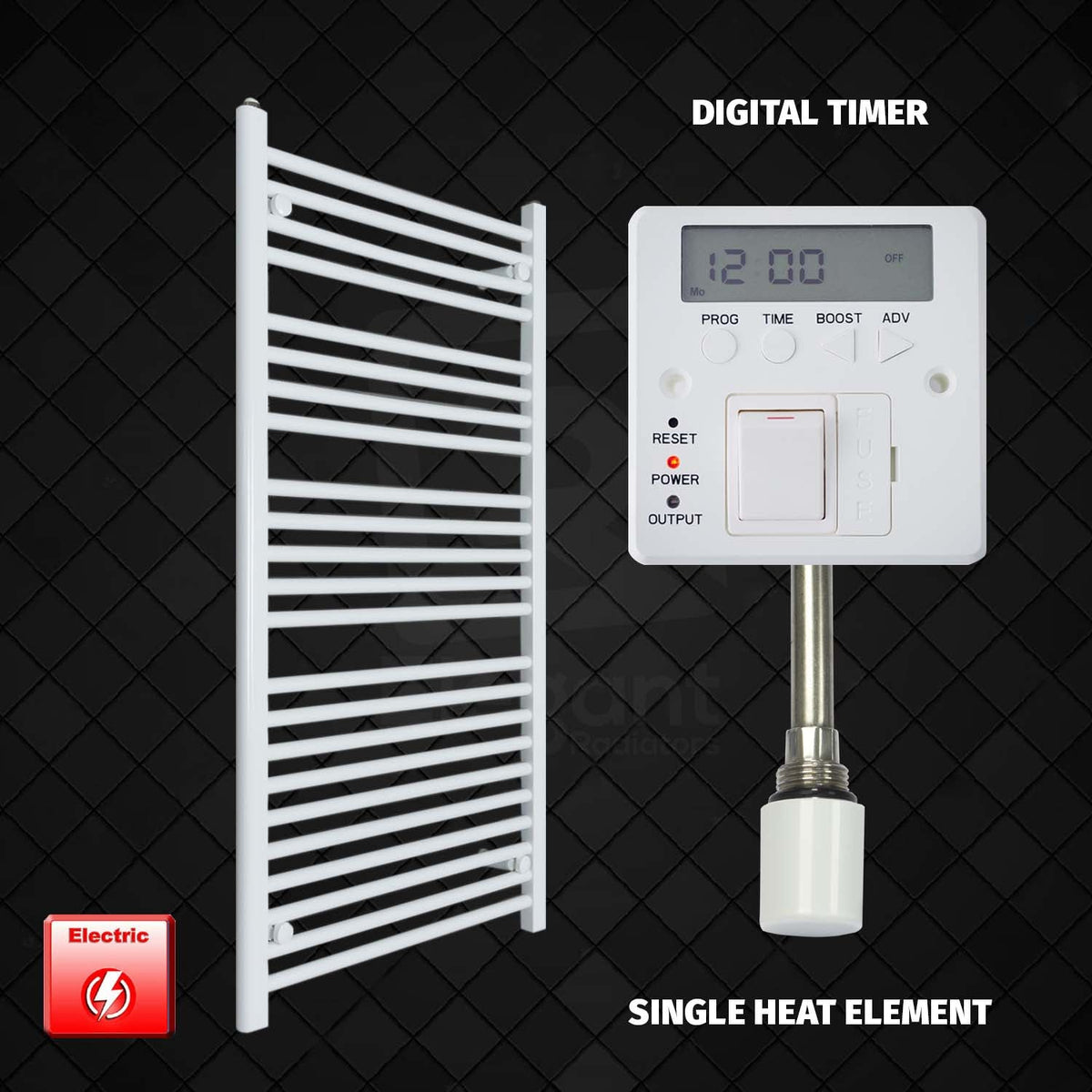1200 mm High 700 mm Wide Pre-Filled Electric Heated Towel Rail Radiator White HTR Single heat element Digital timer