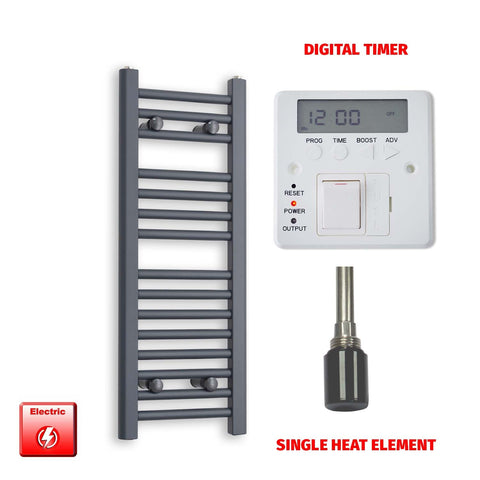 800mm High 300mm Wide Flat Anthracite Pre-Filled Electric Heated Towel Rail Radiator HTR Single heat element Digital timer