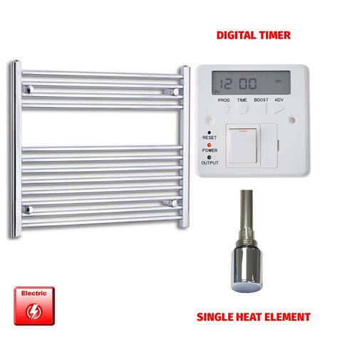 700 x 800 Pre-Filled Electric Heated Towel Radiator Straight Chrome Single heat element Digital timer