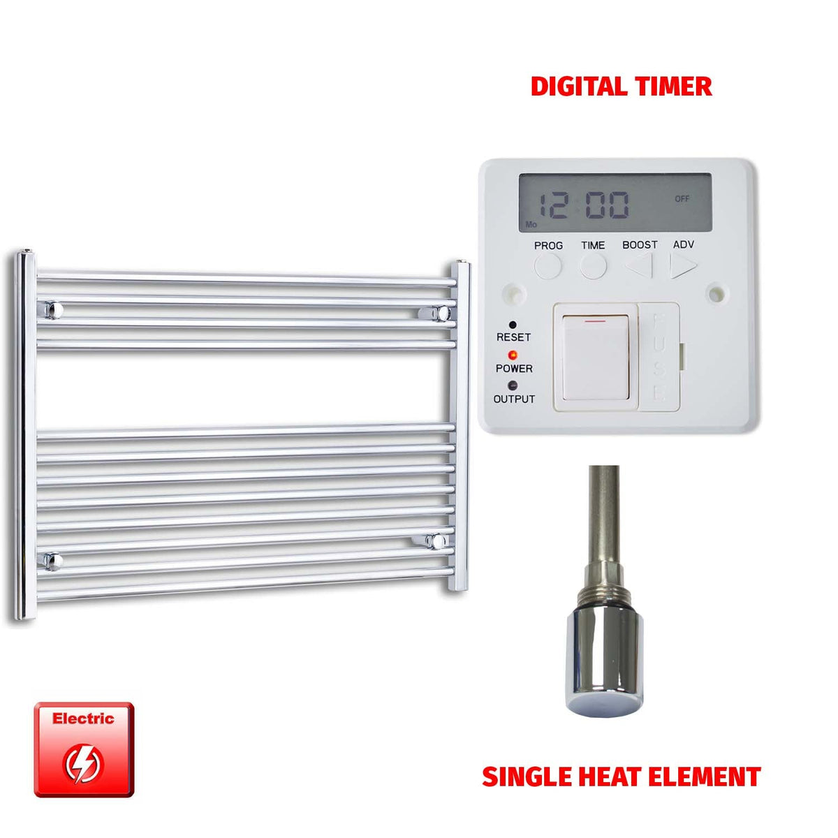 700 x 1200 Pre-Filled Electric Heated Towel Radiator Straight Chrome Single heat element Digital timer