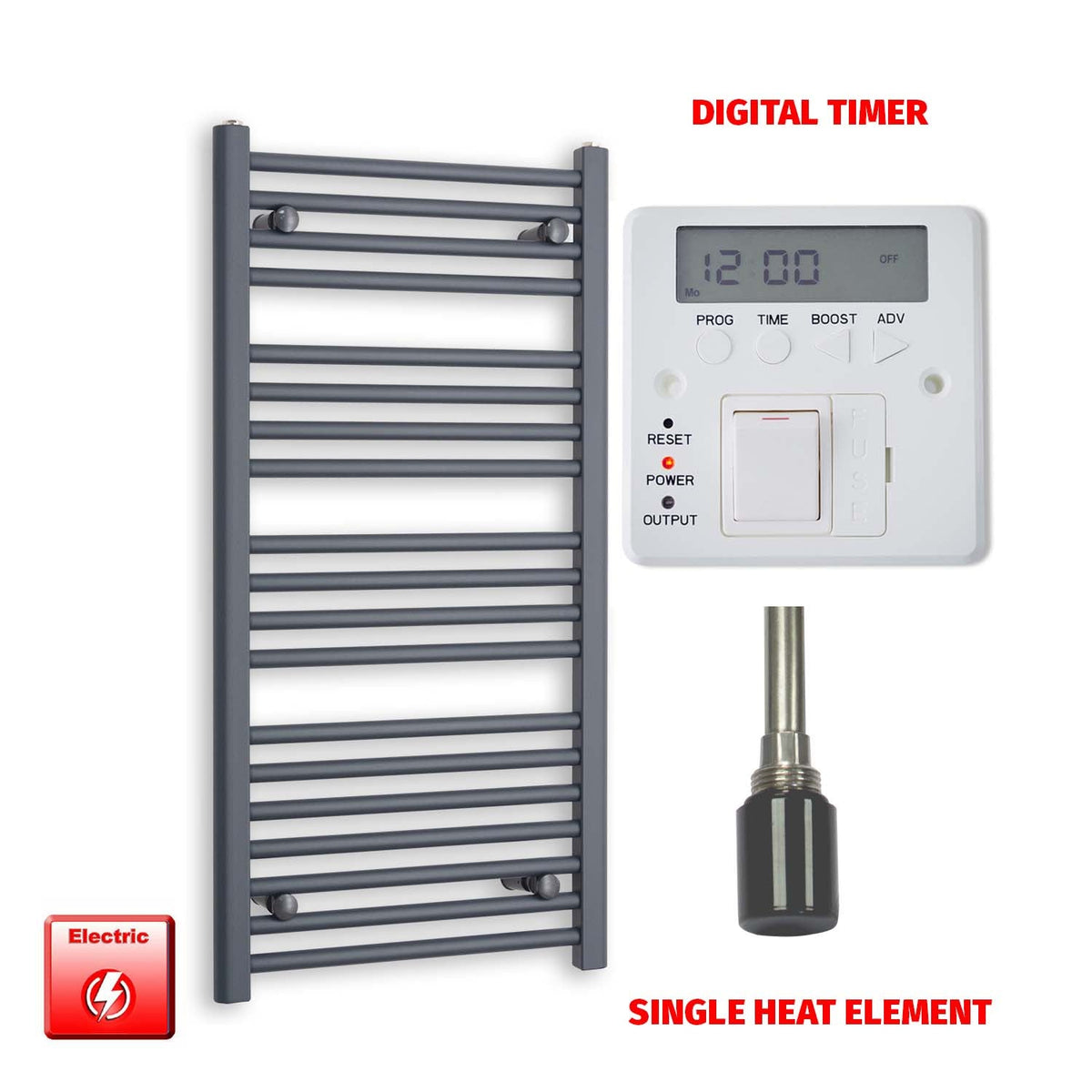 1000 x 500 Flat Anthracite Pre-Filled Electric Heated Towel Radiator Single heat element Digtal timer