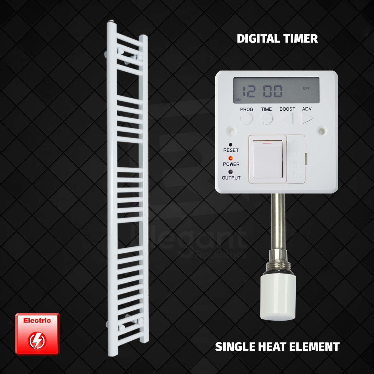 1400 mm High 200 mm Wide Pre-Filled Electric Heated Towel Rail Radiator White Single Heat Element Digital Timer