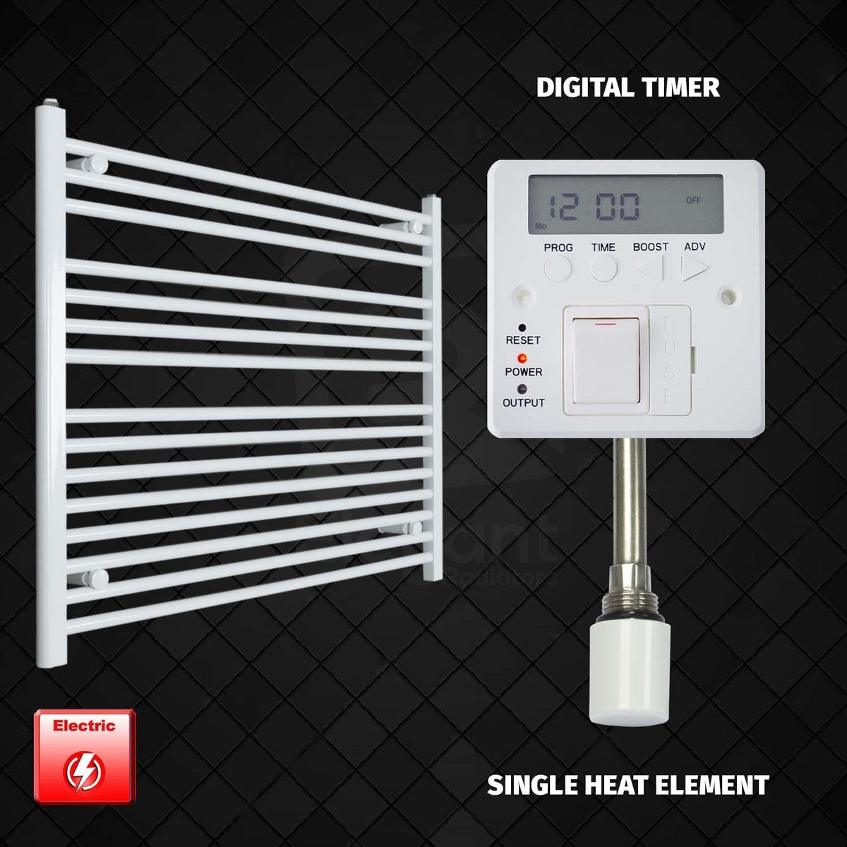800 x 1200 Pre-Filled Electric Heated Towel Radiator White HTR Single heat element Digital timer